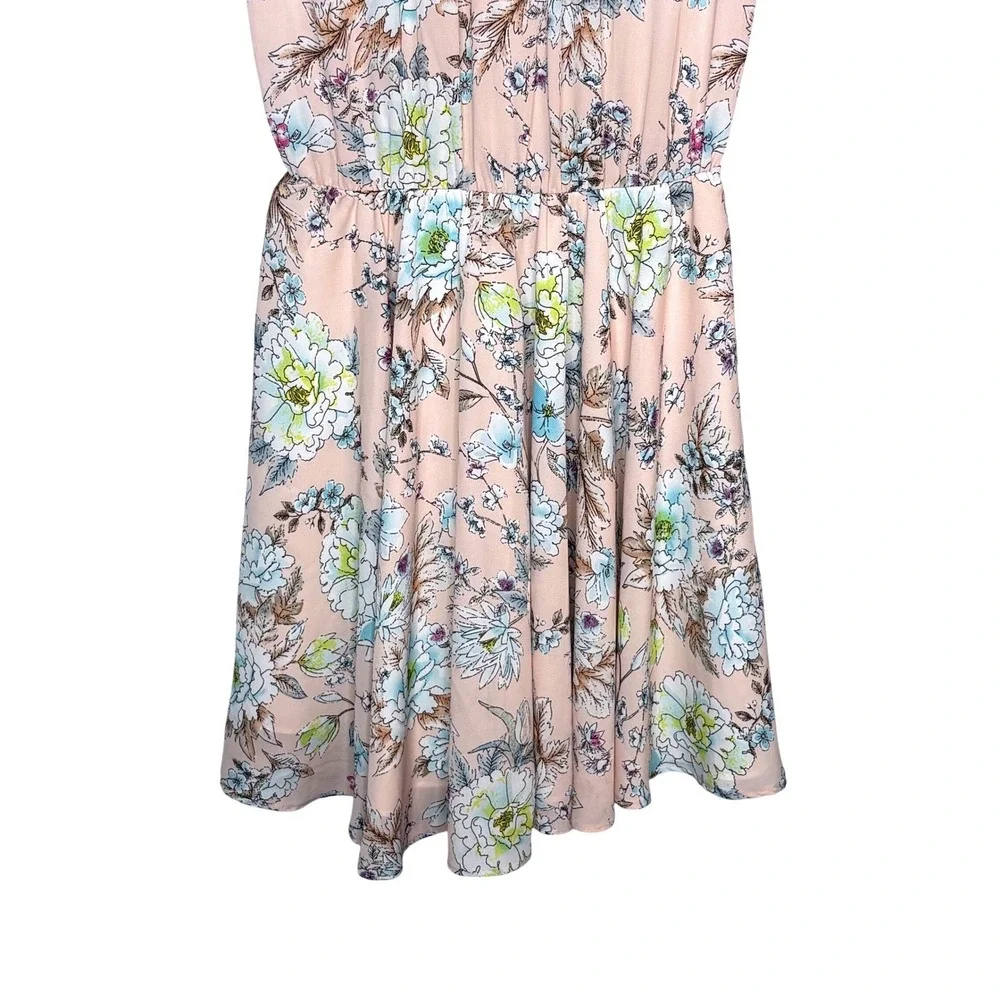 Molly Bracken Floral Tie Neck Mini Dress Womens Size S Pink Sleeveless Fit Flare
